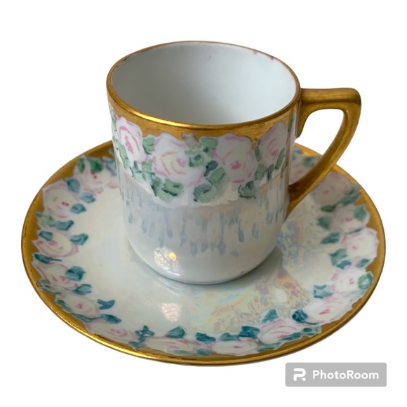 Opalescent Porcelain Espresso Cup and Saucer Japanese Pink Rose Gold Rim - Picture 1 of 8